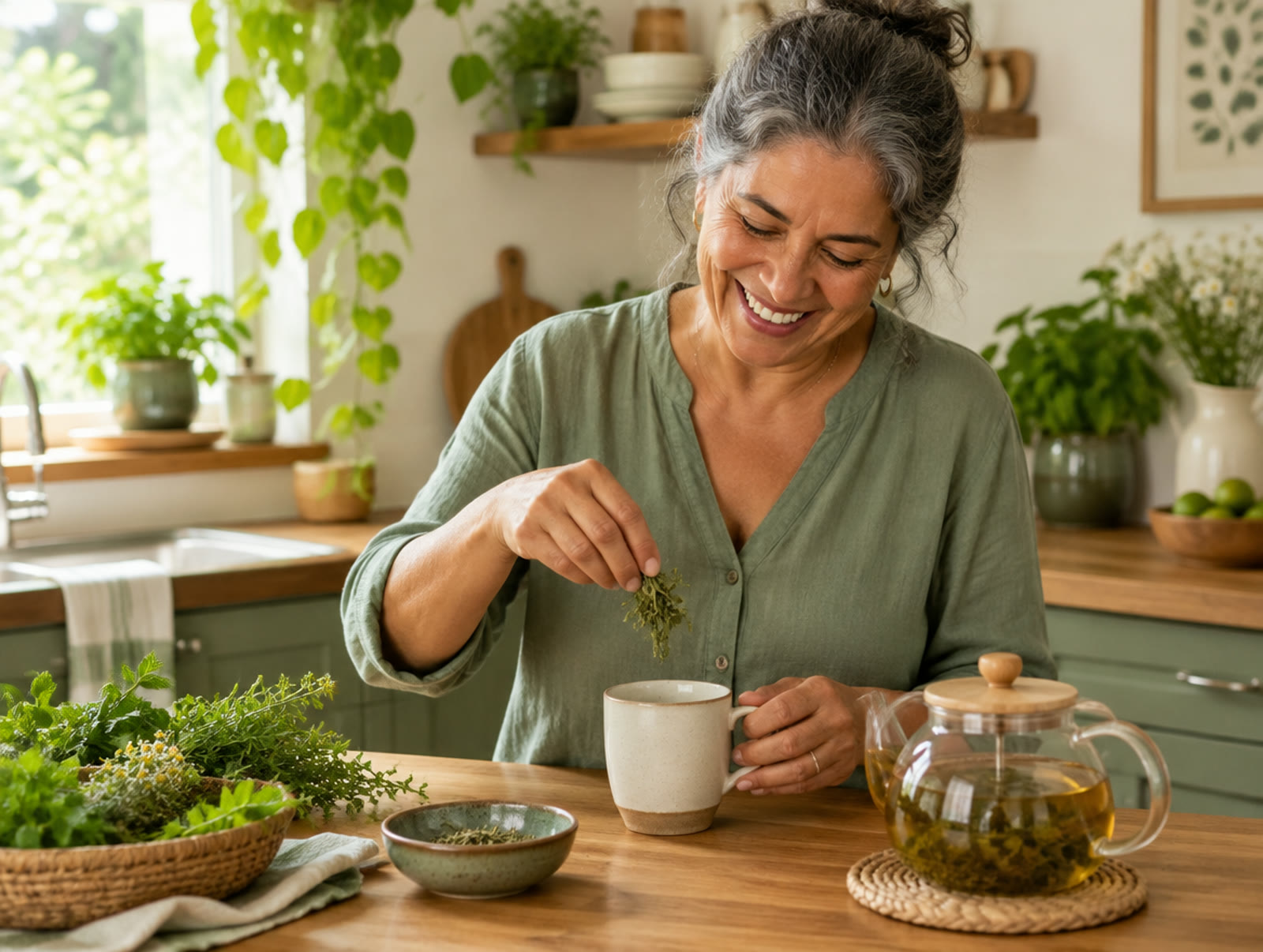 Mulher preparando chá na cozinha