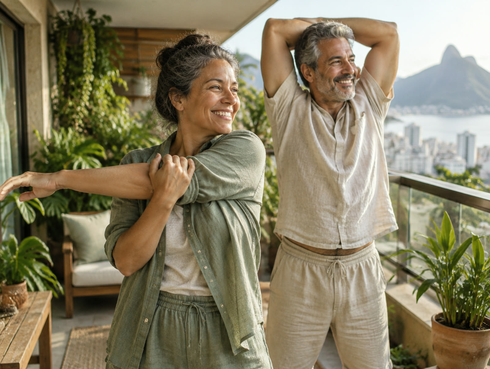 Casal se alongando na varanda pela manhã